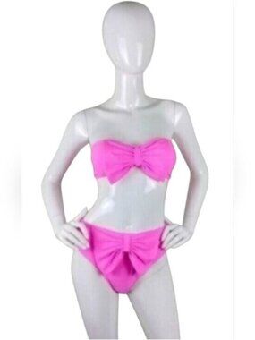 Peddney Bow Bandeau Strapless Bikini Two Piece Swimsuit In Hot Pink Size Small